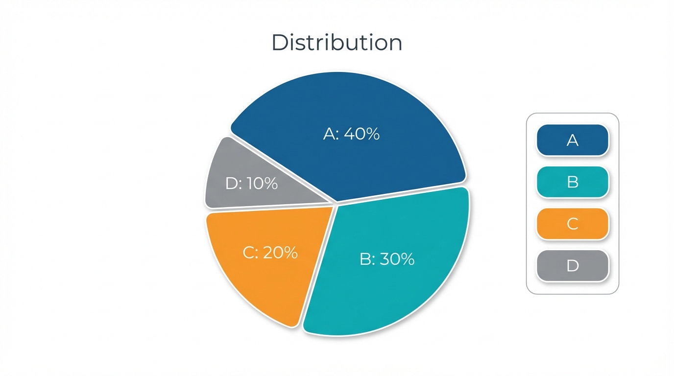 Pie chart: Distribution showing A 40%, B 30%, C 20%, D 10%