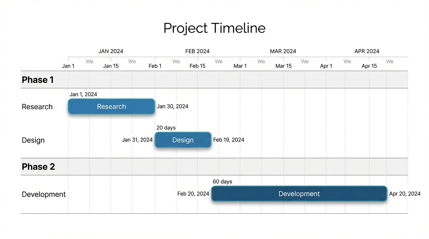 Gantt chart: Project Timeline with Research, Design, Development phases